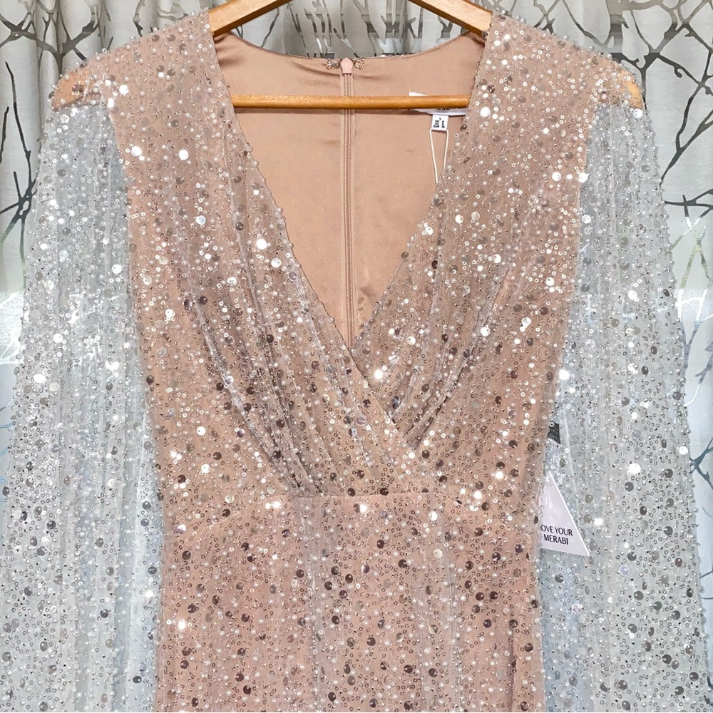 NADINE MERABI WHITE SILVER SEQUIN BEADED BALLOON LONG SLEEVE v-neck MAYA DRESS - Picture 9 of 14